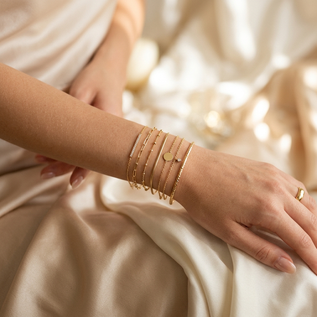 Delicate gold bracelets on wrist